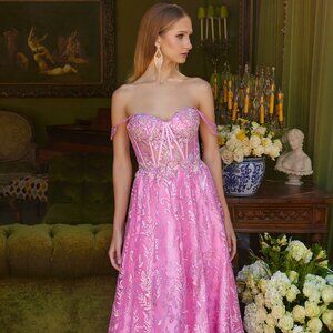 New Prom A-Line Long Mesh Dress w/ Sequins Embroidery & Lace Up Back GL3628